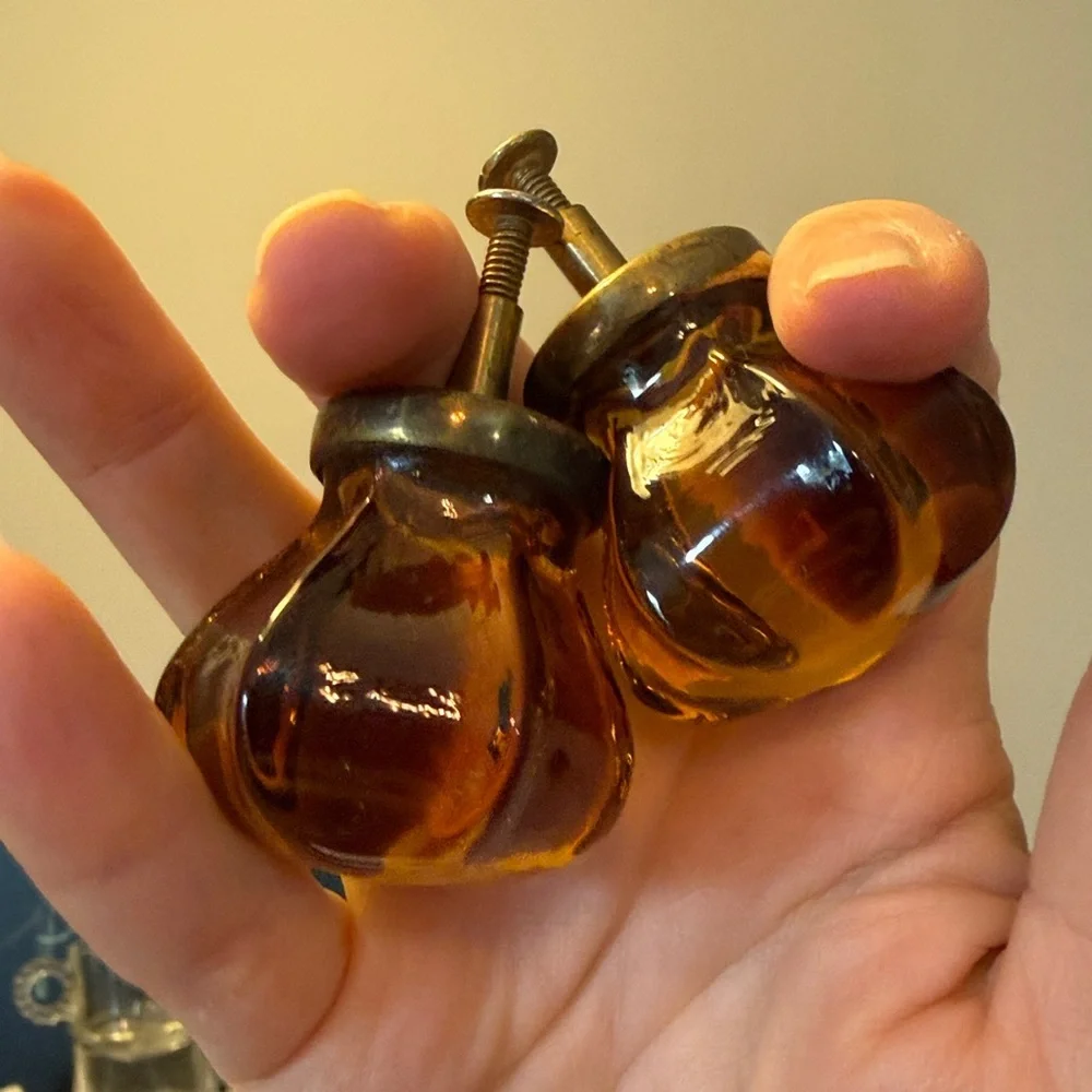 Set of 2 Antique Amber Glass Knobs